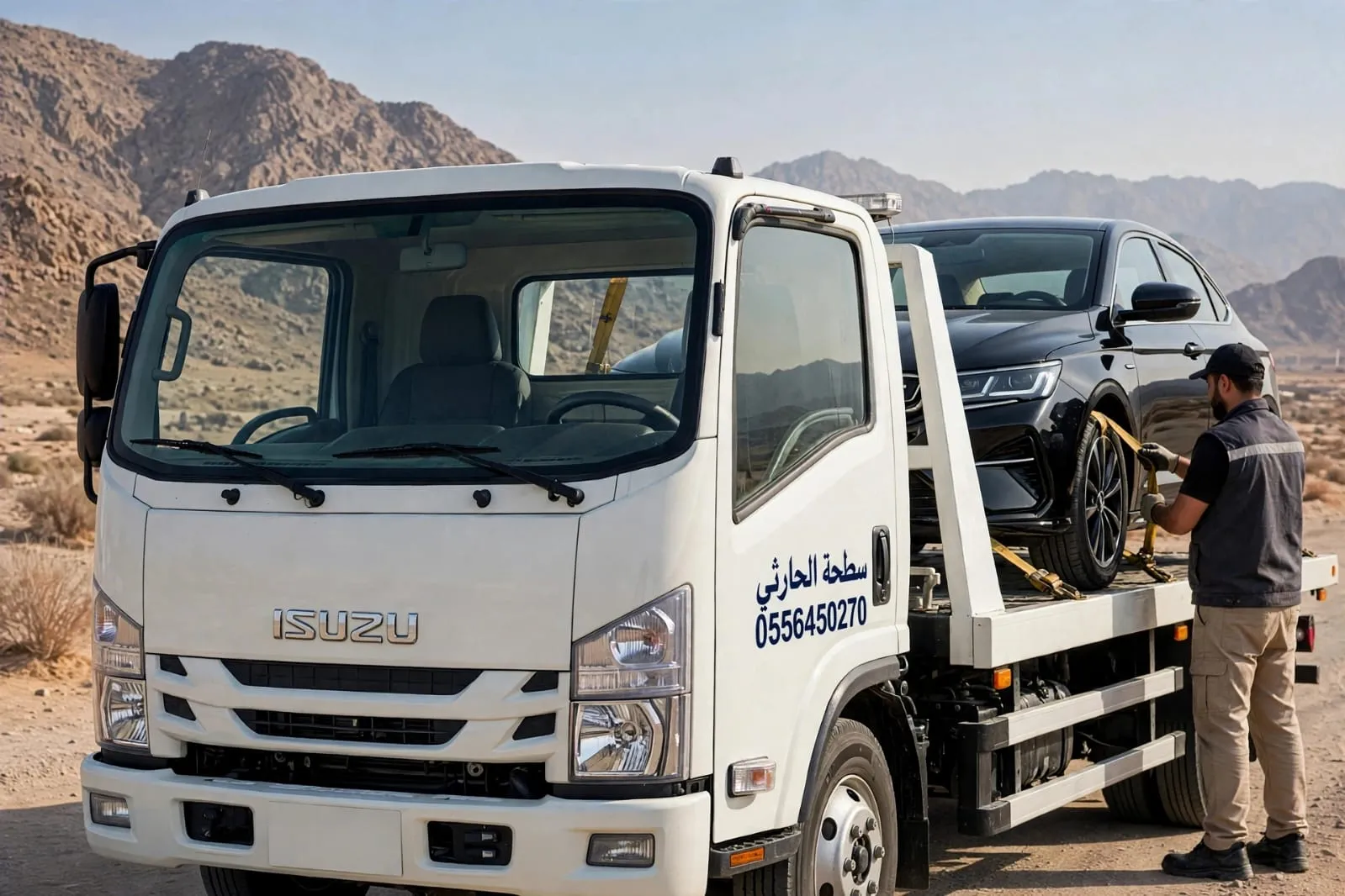 نقل سيارة مرسيدس S-Class بسطحة في الطائف ليلًا